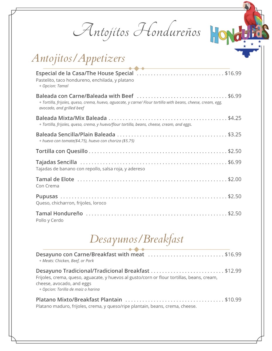 Antojitos Hondurenos Restaurant Menu - Image 1